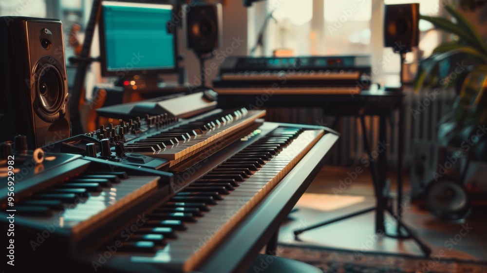 A sleek music production studio filled with electronic keyboards, speakers, and various audio equipment bathed in a warm glow from the windows. A sleek music production studio filled with electronic keyboards, speakers, and various audio equipment bathed in a warm glow from the windows.