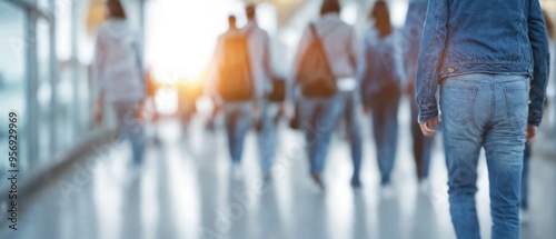 Group people walking airport terminal background is blurred Recr photo