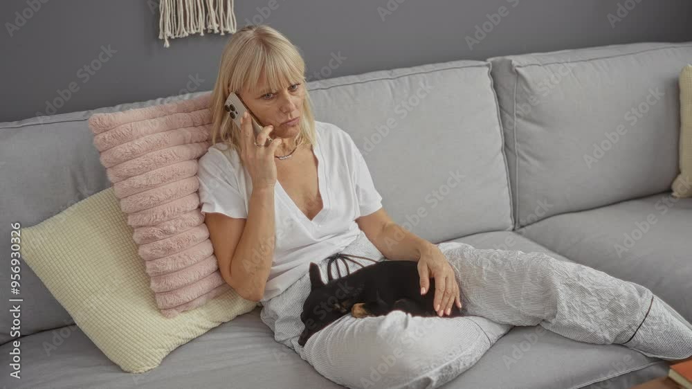 Middle-aged woman talking on phone with small chihuahua dog resting on her lap in a cozy home living room Middle-aged woman talking on phone with small chihuahua dog resting on her lap in a cozy home living room