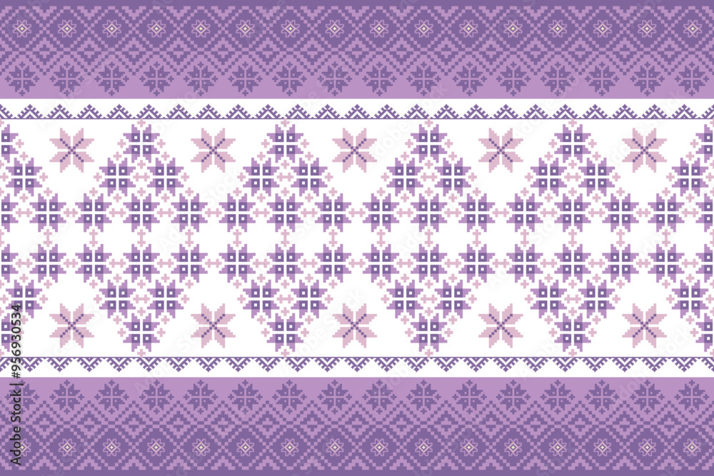 Traditional pixel art floral pattern in soft violet tones on white background. Seamless cross-stitch design for fabric, wallpaper, and decoration. Traditional pixel art floral pattern in soft violet tones on white background. Seamless cross-stitch design for fabric, wallpaper, and decoration.