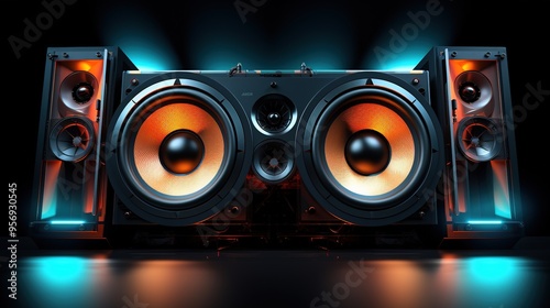 speaker system on a black background in blue and orange lighting, 3d illustration