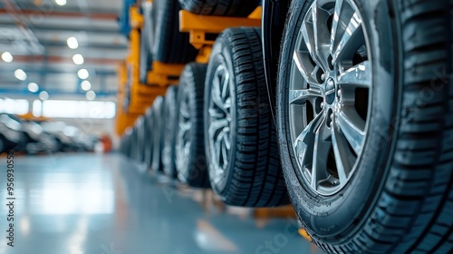 Wallpaper Mural Automotive Showcase, Tire stacks arranged neatly in a modern showroom, emphasizing vehicle maintenance with ample open space for an inviting atmosphere Torontodigital.ca