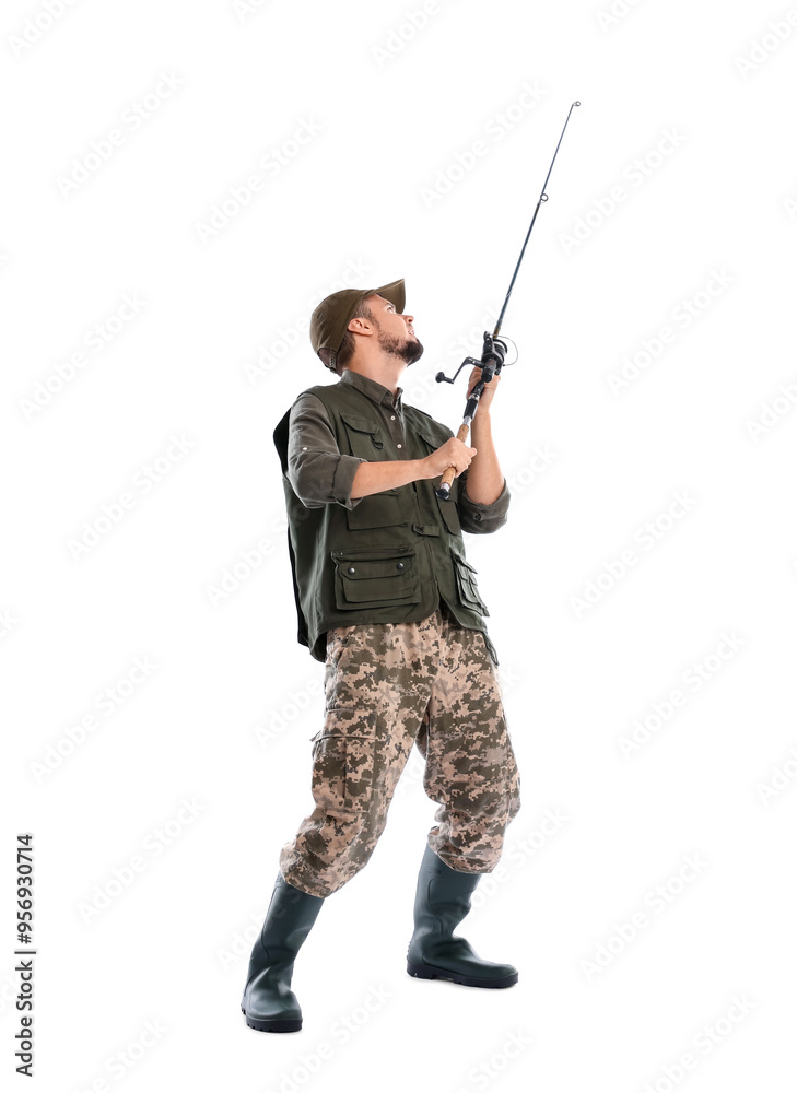 Fisherman with rod fishing on white background Fisherman with rod fishing on white background