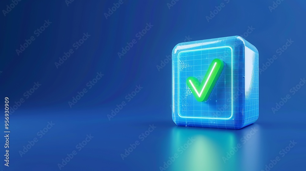 3D neon green check mark on a blue block with a grid pattern background, symbolizing success, approval, or completion. 3D neon green check mark on a blue block with a grid pattern background, symbolizing success, approval, or completion.