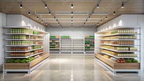 retail shopping convenience store shelves minimalist light natural