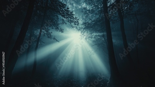 Mystical Sunbeams Piercing Through a Foggy Forest