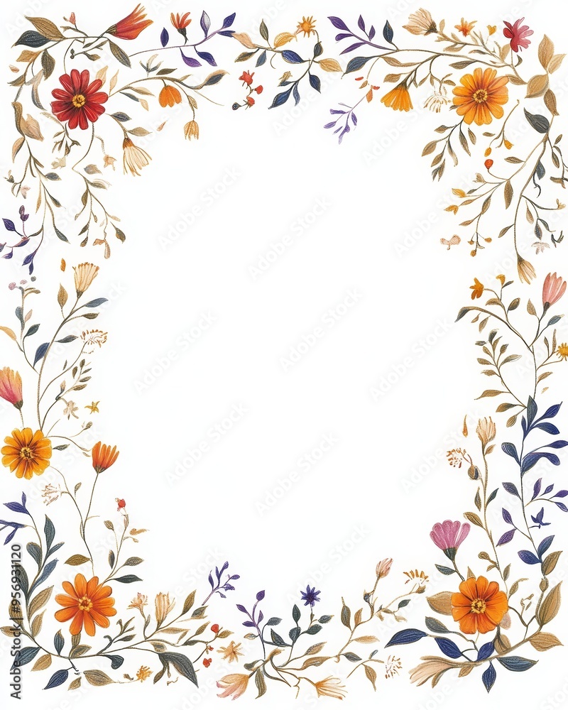 Hand-drawn Mughal garden frame with floral motifs and gold highlights in delicate colors Hand-drawn Mughal garden frame with floral motifs and gold highlights in delicate colors
