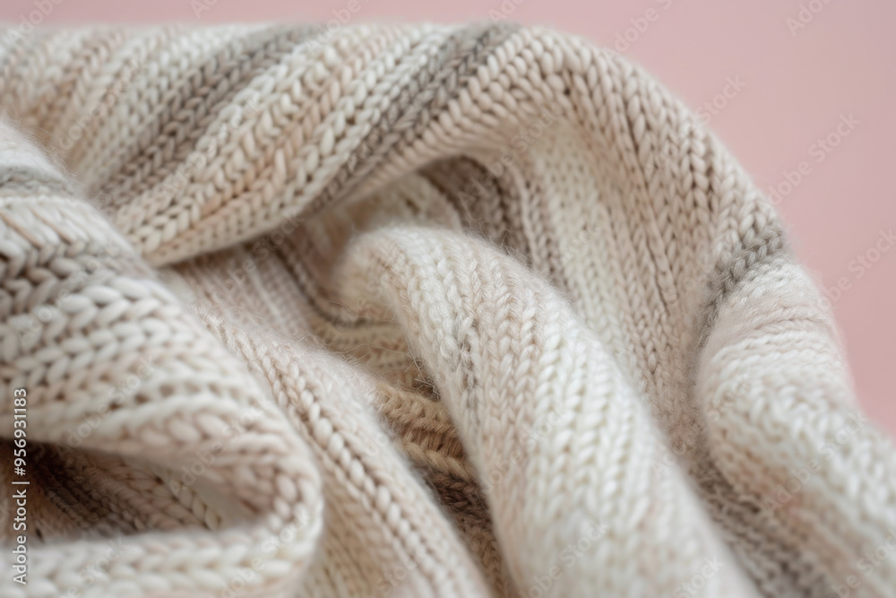 Soft Beige and Cream Knit Fabric with Subtle Stripes Against Pink Background Soft Beige and Cream Knit Fabric with Subtle Stripes Against Pink Background