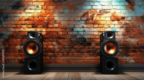 Speakers on the background of an old brick wall in the nenon light, 3d illustration