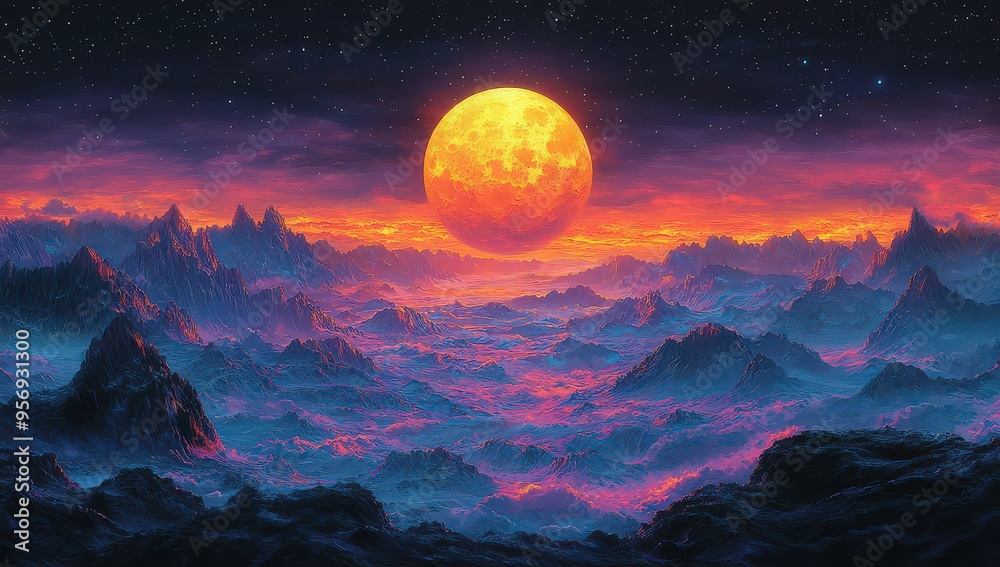 Psychedelic poster of a colorful moon landscape. The lush scenery features a vibrant, psychedelic depiction of a lunar landscape. Psychedelic poster of a colorful moon landscape. The lush scenery features a vibrant, psychedelic depiction of a lunar landscape.