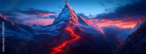 A glowing red path leading to the top of an alpine mountain peak, with a flag fluttering on its highest point photo