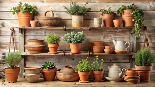 Farmhouse-chic decor featuring clay pots photo