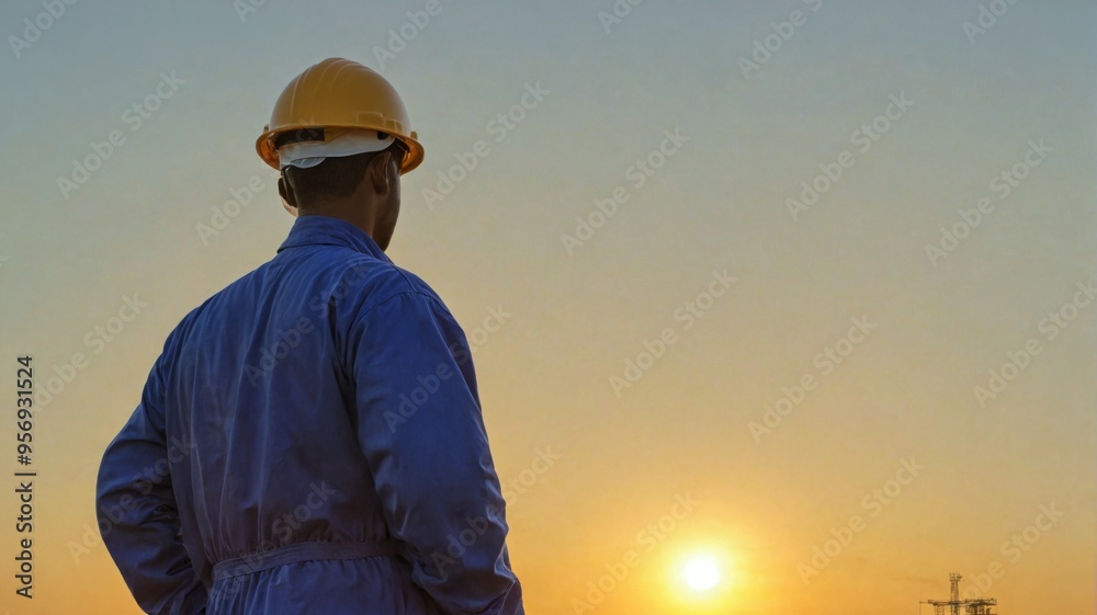Man wearing hard hat blue coverall standing rooftop A constructi Man wearing hard hat blue coverall standing rooftop A constructi