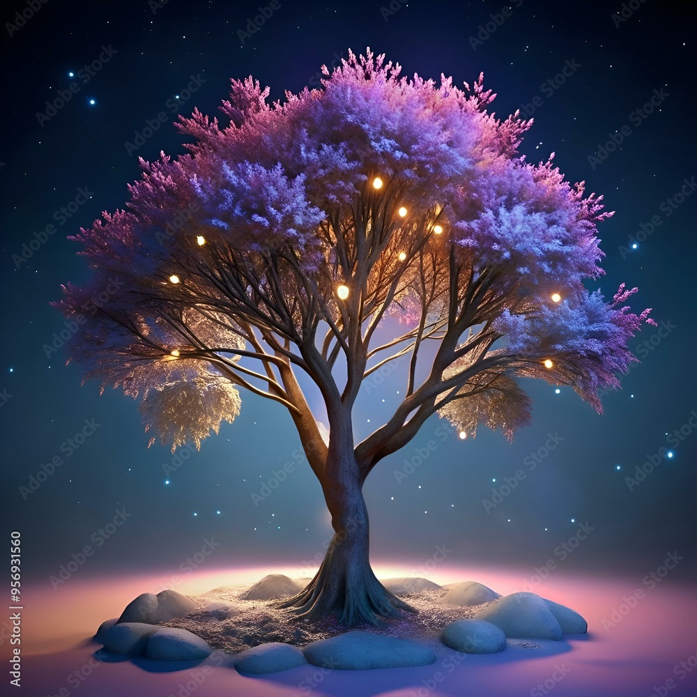 A magical 3D illustration of a glowing Andean Alder tree under a starry night sky. A magical 3D illustration of a glowing Andean Alder tree under a starry night sky.