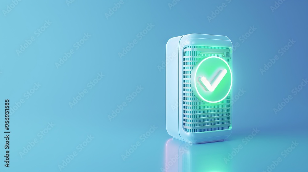 3D render of an air purifier with a glowing green checkmark on a blue background, indicating purification or approval in modern technology design. 3D render of an air purifier with a glowing green checkmark on a blue background, indicating purification or approval in modern technology design.