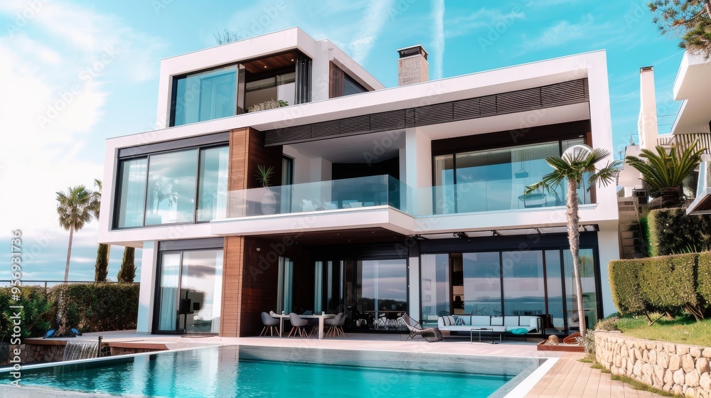 Luxurious modern house with expansive glass windows, a serene swimming pool, and a beautiful garden under clear blue skies, epitomizing contemporary elegance. Luxurious modern house with expansive glass windows, a serene swimming pool, and a beautiful garden under clear blue skies, epitomizing contemporary elegance.