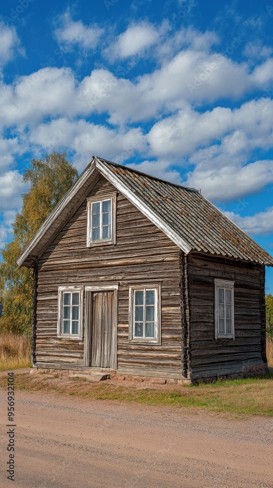 An old log cabin stands amid tall pine trees, surrounded by lush greenery, with a bright blue sky overhead, capturing the essence of a perfect summer day in nature An old log cabin stands amid tall pine trees, surrounded by lush greenery, with a bright blue sky overhead, capturing the essence of a perfect summer day in nature
