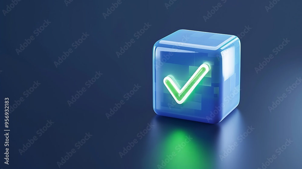 3D rendered image of a neon green check mark symbol inside a blue cube on a dark background, symbolizing approval or confirmation.