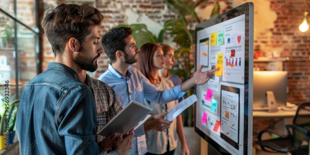 A group of e-commerce professionals brainstorming over a digital whiteboard, planning an online sales campaign
