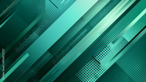 Abstract Geometric Background with Green and Teal Stripes, Dots, and Lines