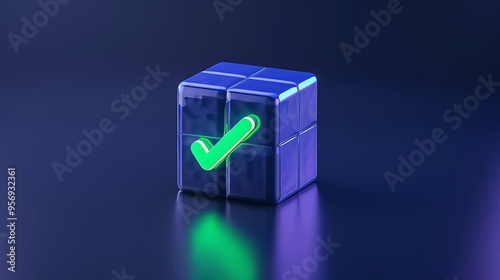 3D rendering of a blue cube with a green check mark on it, symbolizing validation or approval on a dark background.