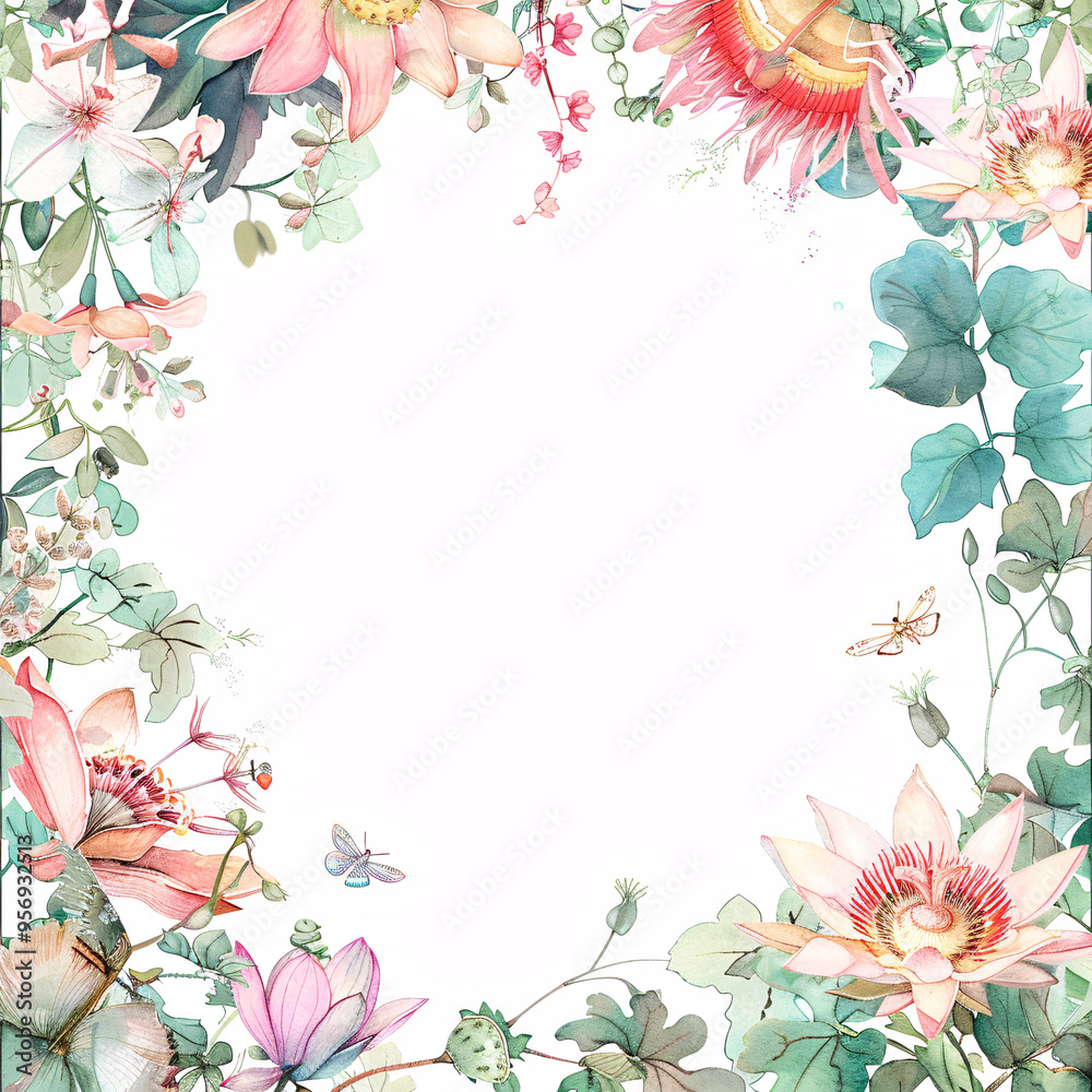 Fototapeta premium Watercolor Floral Frame with Butterflies