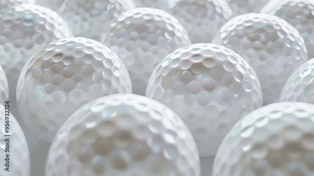 A close-up of several dimpled golf balls, emphasizing their texture and consistent pattern, fundamental elements in golfing. A close-up of several dimpled golf balls, emphasizing their texture and consistent pattern, fundamental elements in golfing.