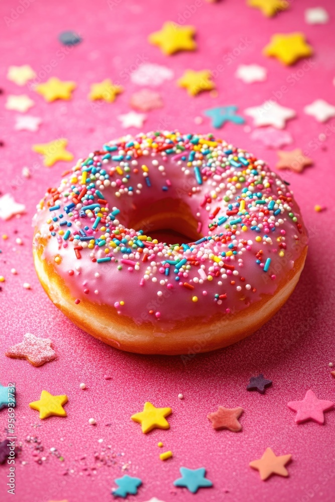 Pink donut with sprinkles Pink donut with sprinkles