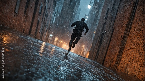 Person mid-air running wet street night is wearing A thief sprin