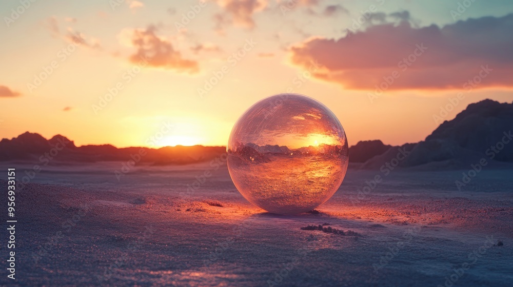 Glass Orb Reflecting Sunset Over Desert Landscape Glass Orb Reflecting Sunset Over Desert Landscape