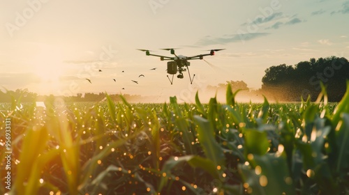 A drone spraying crops in a sunlit field with birds flying in the distance, showcasing modern agriculture at dawn.