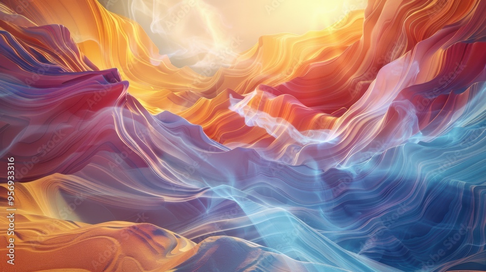 Obraz premium Golden hour illuminates the desert in the Grand Canyon, flowing water, soft dreamy style.
