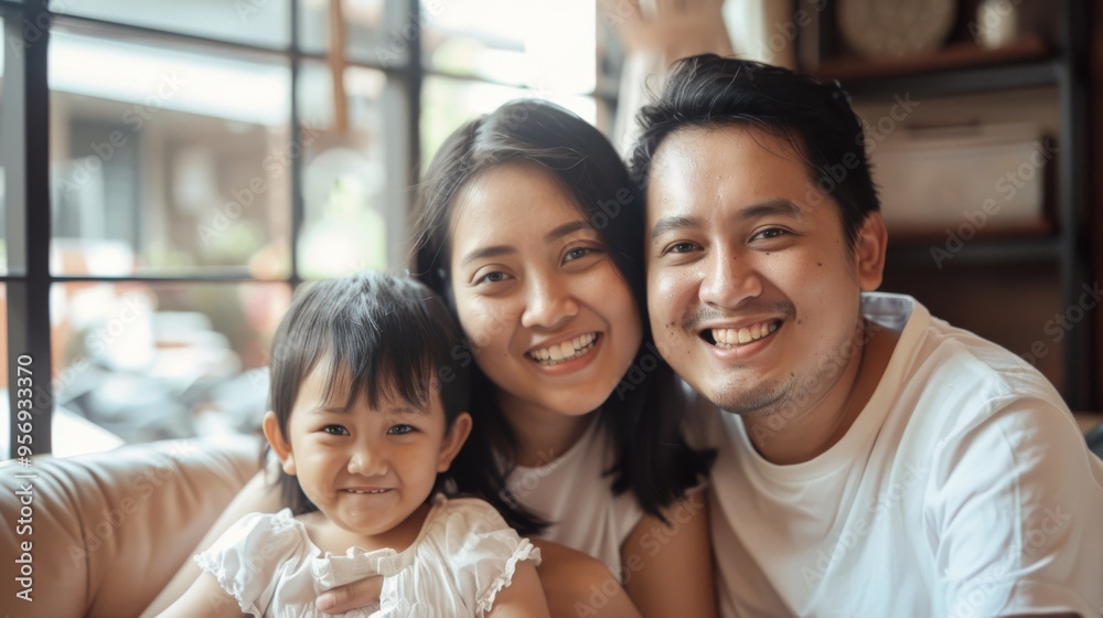 A joyful family of three, with parents and their child, smile brightly while sitting indoors, capturing a moment of cheerful togetherness and happiness. A joyful family of three, with parents and their child, smile brightly while sitting indoors, capturing a moment of cheerful togetherness and happiness.