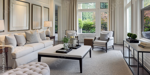 Bright, clean living room with neatly arranged furniture, a vacuumed carpet, and a spotless coffee table, exuding a sense of order and cleanliness.