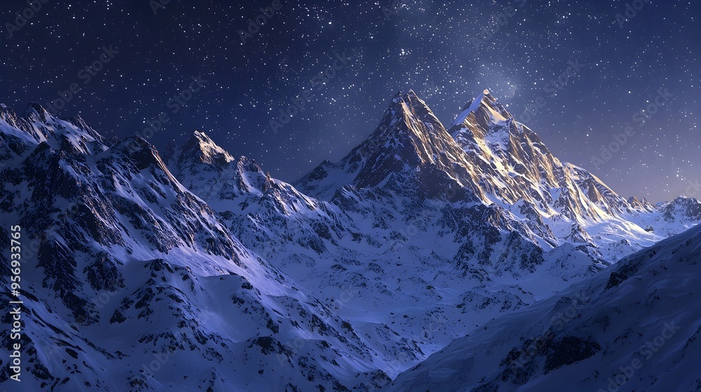 Majestic Snowy Mountain Peaks Under Starry Night Sky in Serene Wilderness Landscape Majestic Snowy Mountain Peaks Under Starry Night Sky in Serene Wilderness Landscape