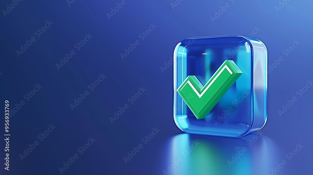 A 3D illustration of a green checkmark inside a blue cube on a gradient blue background, symbolizing approval or success. A 3D illustration of a green checkmark inside a blue cube on a gradient blue background, symbolizing approval or success.