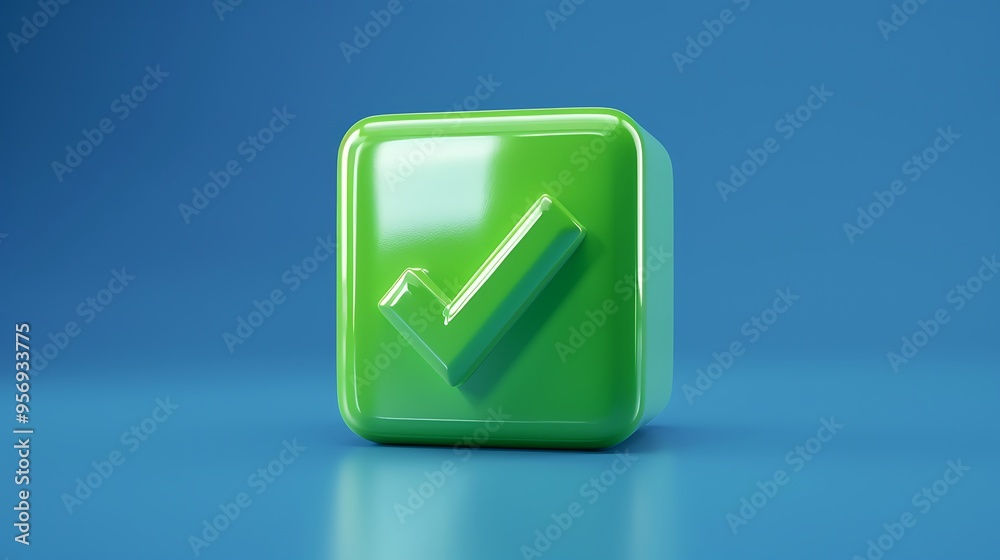 A 3D green checkmark icon on a blue background, symbolizing approval, success, or confirmation in a modern and minimalist design. A 3D green checkmark icon on a blue background, symbolizing approval, success, or confirmation in a modern and minimalist design.