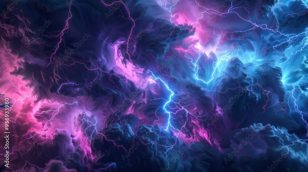 A colorful, swirling cloud of purple, blue, and pink with lightning bolts A colorful, swirling cloud of purple, blue, and pink with lightning bolts