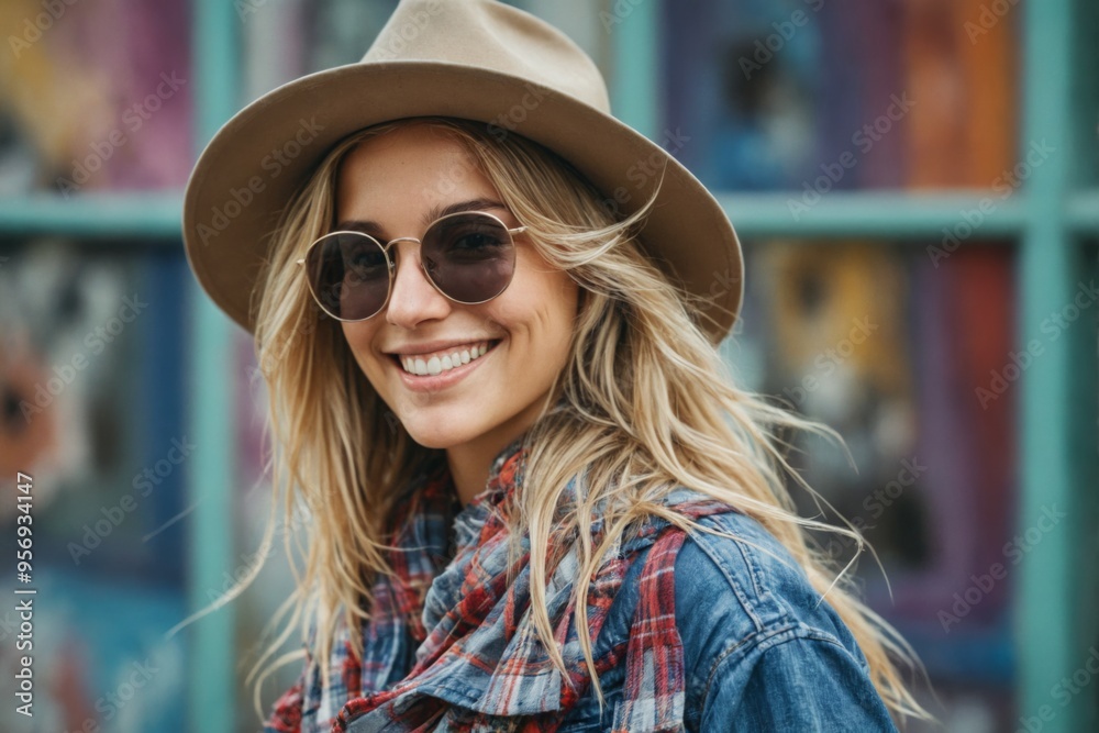 Portrait young woman long blonde hair wearing beige Fashionable Portrait young woman long blonde hair wearing beige Fashionable
