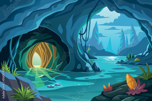 Sunlight entering a cave with water and rocks on a clear day