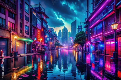 flooded city life neon nightlights vibrant bold eerie