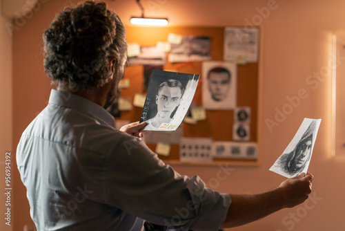 in the detective's office middle-aged investigator in a shirt and tie examines with a magnifying glass studies evidence examines clues in search of the culprit photofit route criminal's board photo