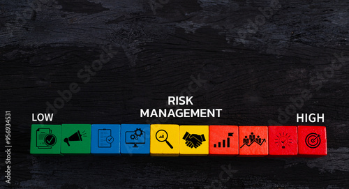 Risk management concept. Risk assessment level indicator rating, low to high on wooden block, black background. Business risk assess measurement. Investment icon on green, yellow, red color. Top view