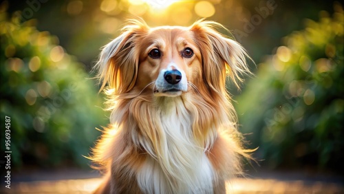 Fluffy long-haired dog with a sweet expression and floppy ears sits patiently, its silky coat glistening in the soft natural light, exuding innocence and charm. photo