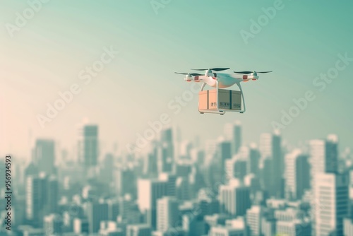 A delivery drone flying through a city among skyscrapers