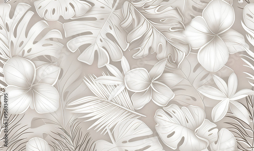 Wallpaper Mural oft grey background with delicate white and beige leaves, tropical foliage and flowers, creates an elegant wallpaper that captures the essence of tranquility and natural elegance. Torontodigital.ca