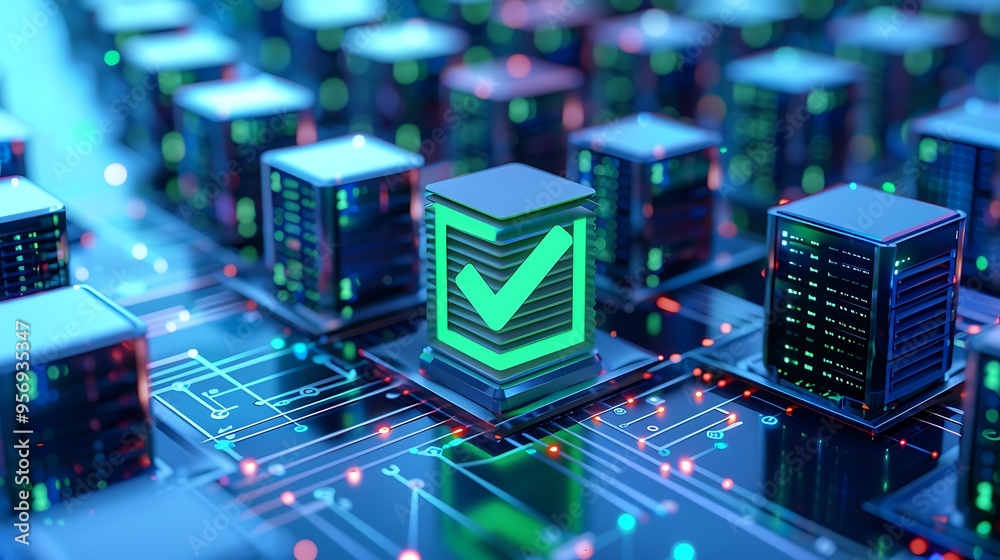 Fototapeta premium A futuristic digital blockchain network with data blocks and a highlighted checkmark at the center, symbolizing secure data verification.