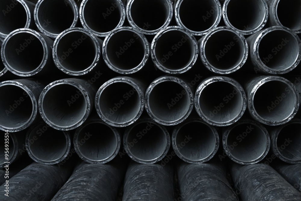 Stack black steel pipes stacked top each other Warehouse of meta Stack black steel pipes stacked top each other Warehouse of meta