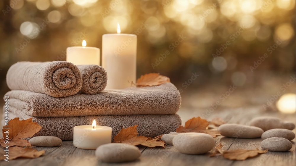 Stack folded towels two lit candles wooden table tranquil autumn Stack folded towels two lit candles wooden table tranquil autumn