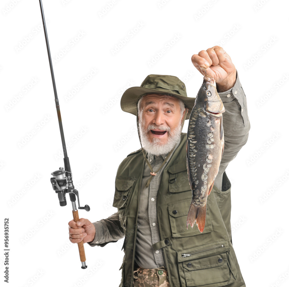 Fisherman with rod and catch on white background Fisherman with rod and catch on white background